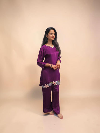 Women's wine purple embroidered co ord set with floral handwork