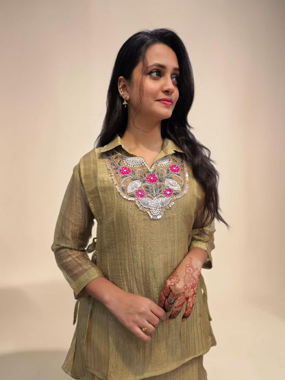 Elegant beige 3 piece outfit with intricate handwork
