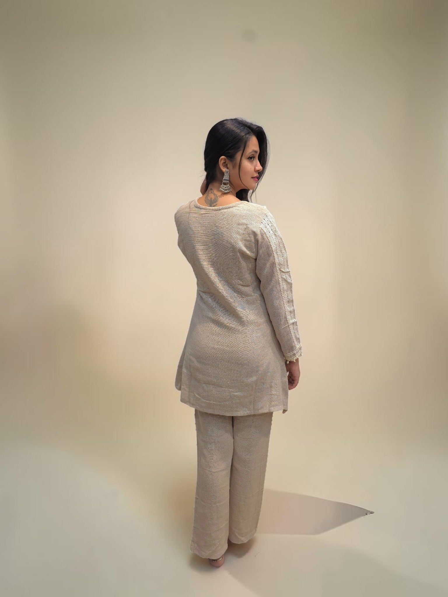 Beige floral applique embroidered co-ord set for women