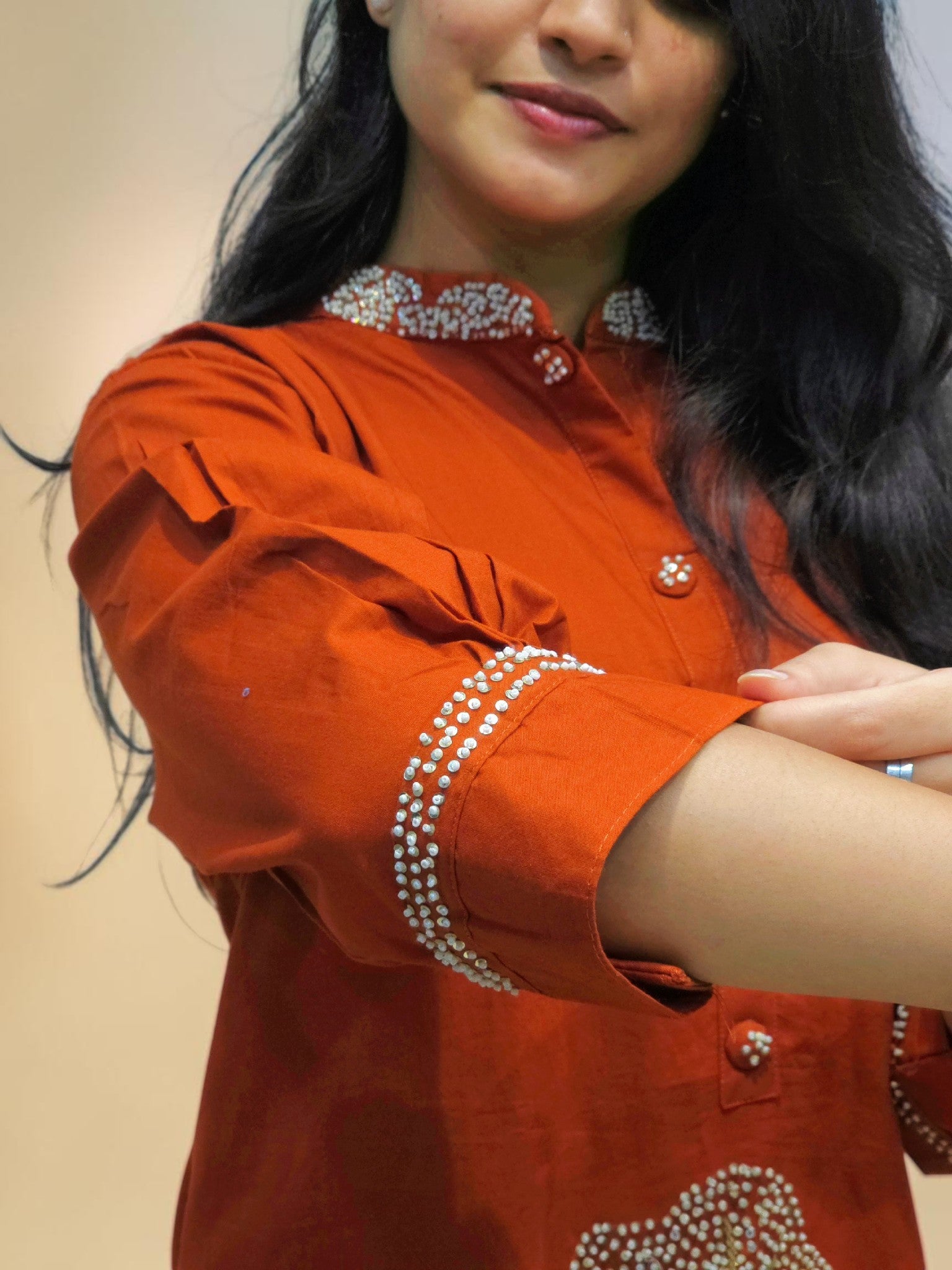 Premium cotton handwork co-ord set in rust orange