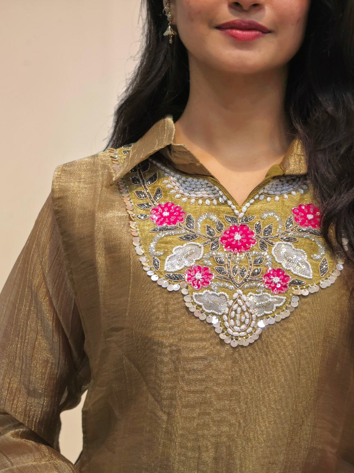 Designer layered kurta and pants set with handwork
