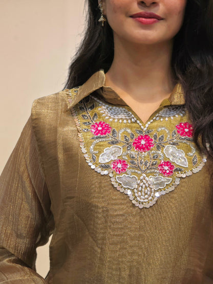 Designer layered kurta and pants set with handwork