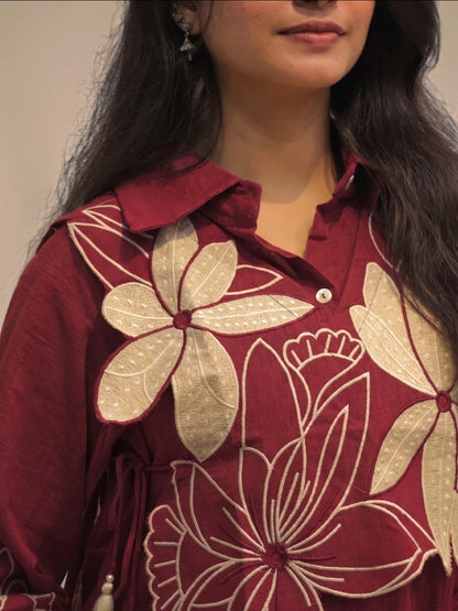 Premium maroon linen coord set with floral detailing