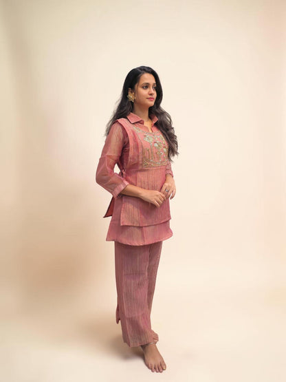 Elegant pink festive co-ord set featuring premium Zardozi embroidery