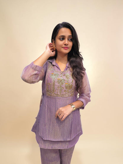 Women's lavender festive co-ord set with premium Zardozi embroidery