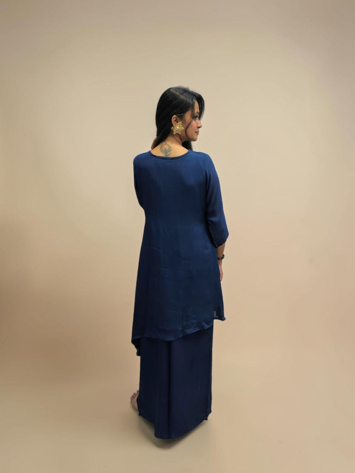 Navy blue designer kurta and wide leg pants set