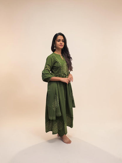 Designer olive green cotton Bandhani suit with ethnic detailing