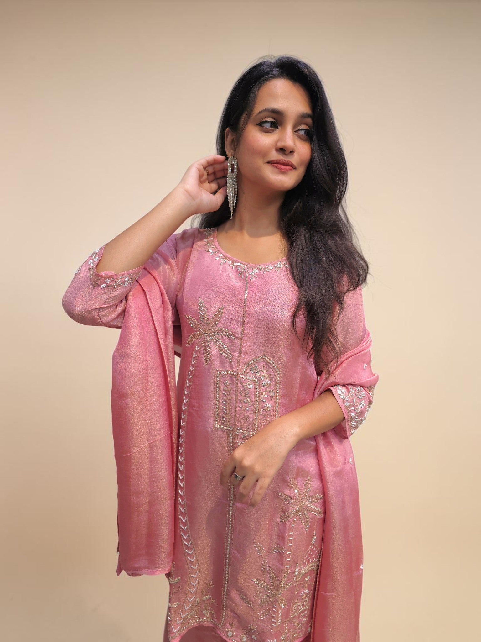Premium pink festive kurta palazzo set