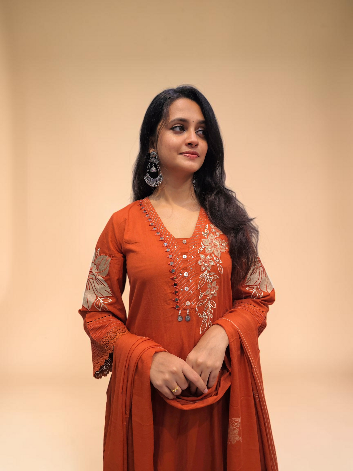 Rust orange printed cotton kurta set for women