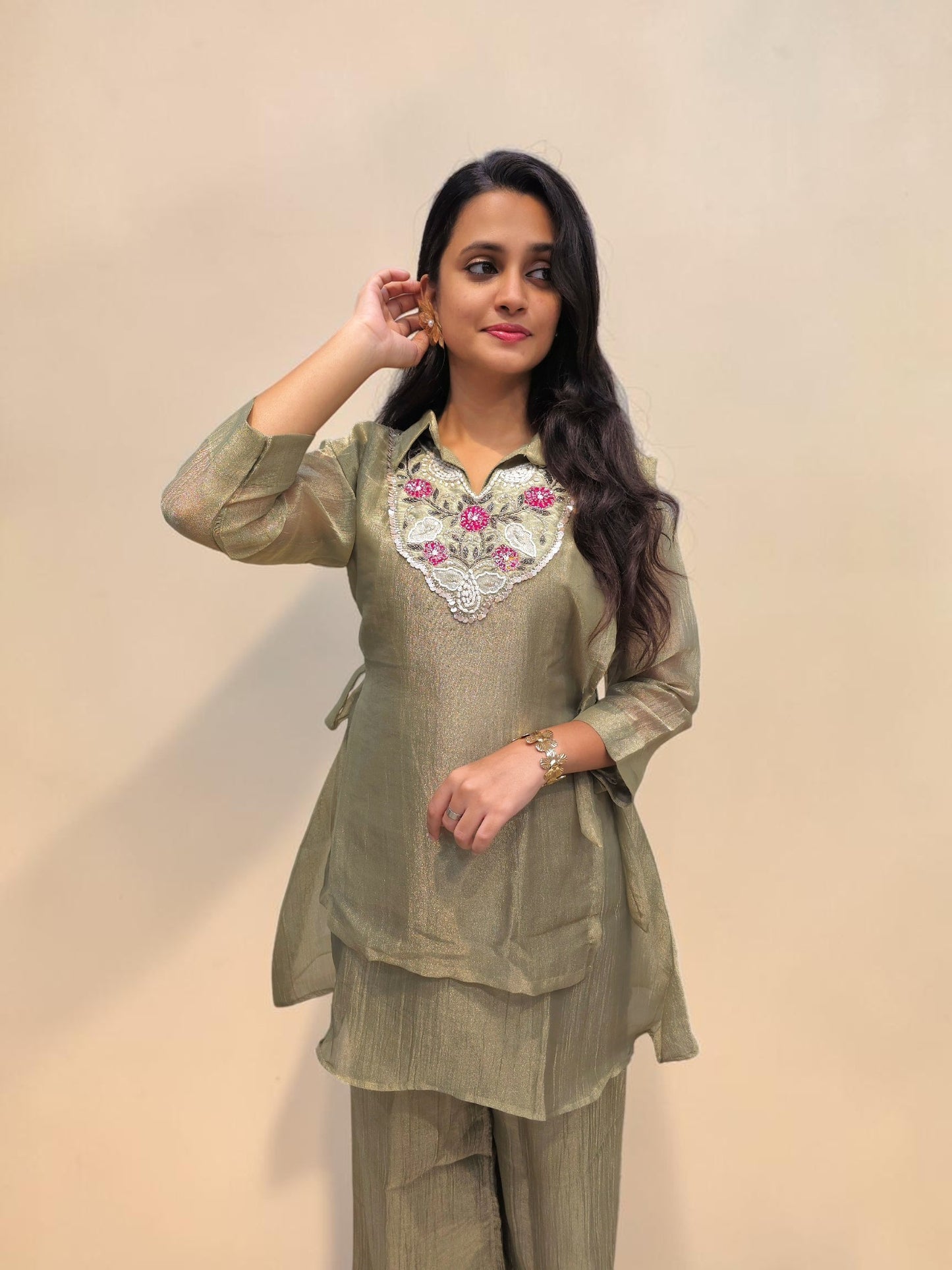 Women's sage green festive co-ord set with embroidered neckline