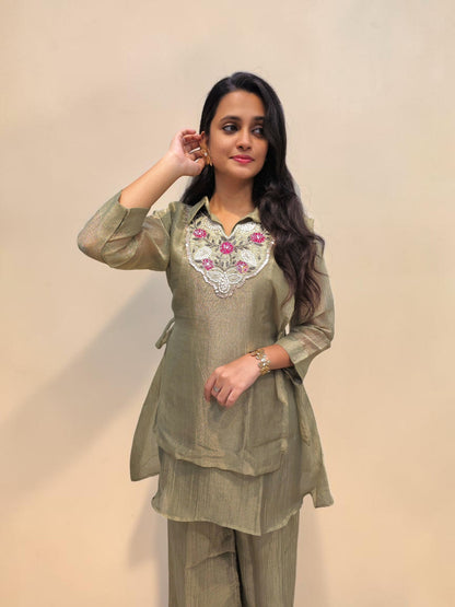 Women's sage green festive co-ord set with embroidered neckline