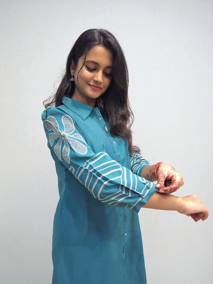 Designer teal co-ord set with embroidery on sleeves and pants – Ambika Boutique India