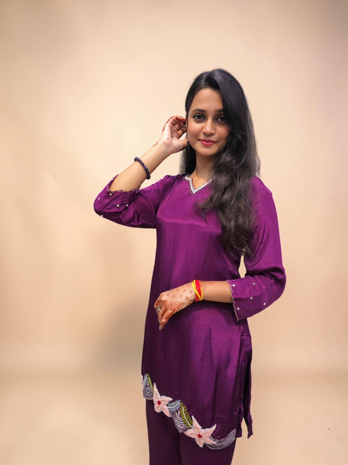Elegant wine purple handwork kurta pant co ord set