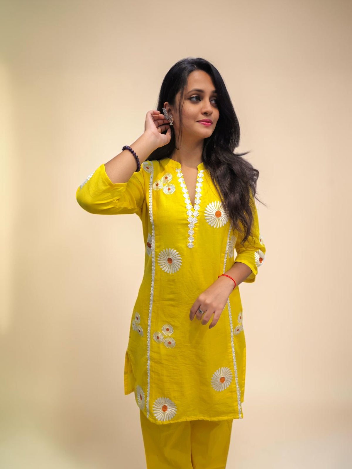 Designer yellow Mul Cotton co ord set with floral embroidery