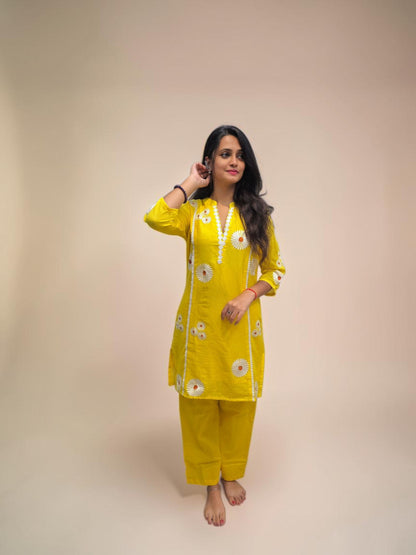 Yellow Mul Cotton embroidered cord set for women