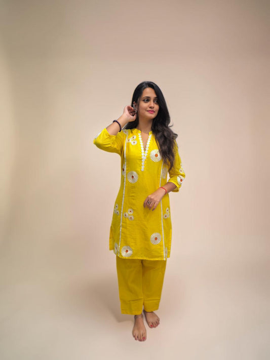 Yellow Mul Cotton embroidered cord set for women