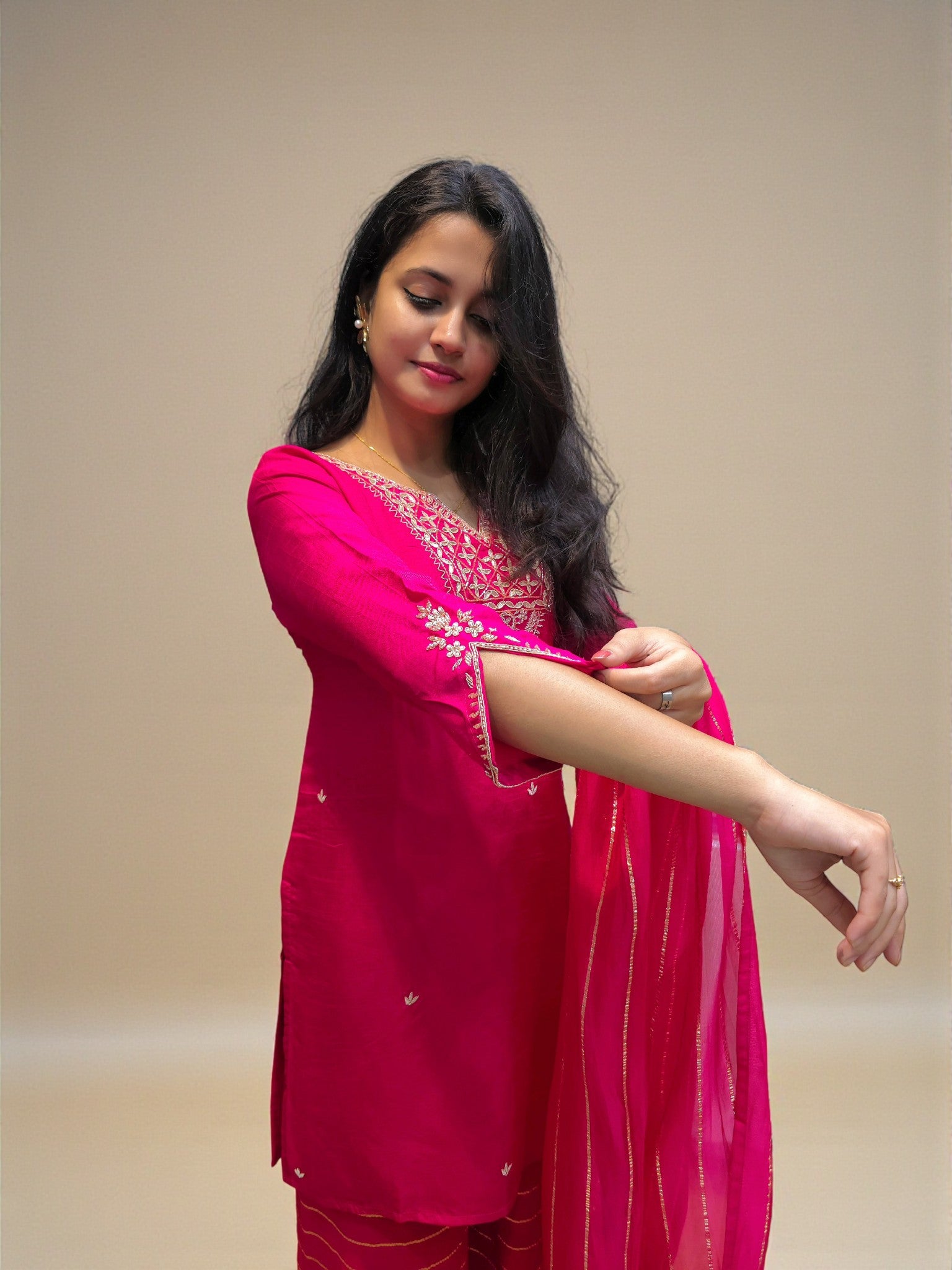 Zardozi hand embroidery detailing on gota patti kurta palazzo set