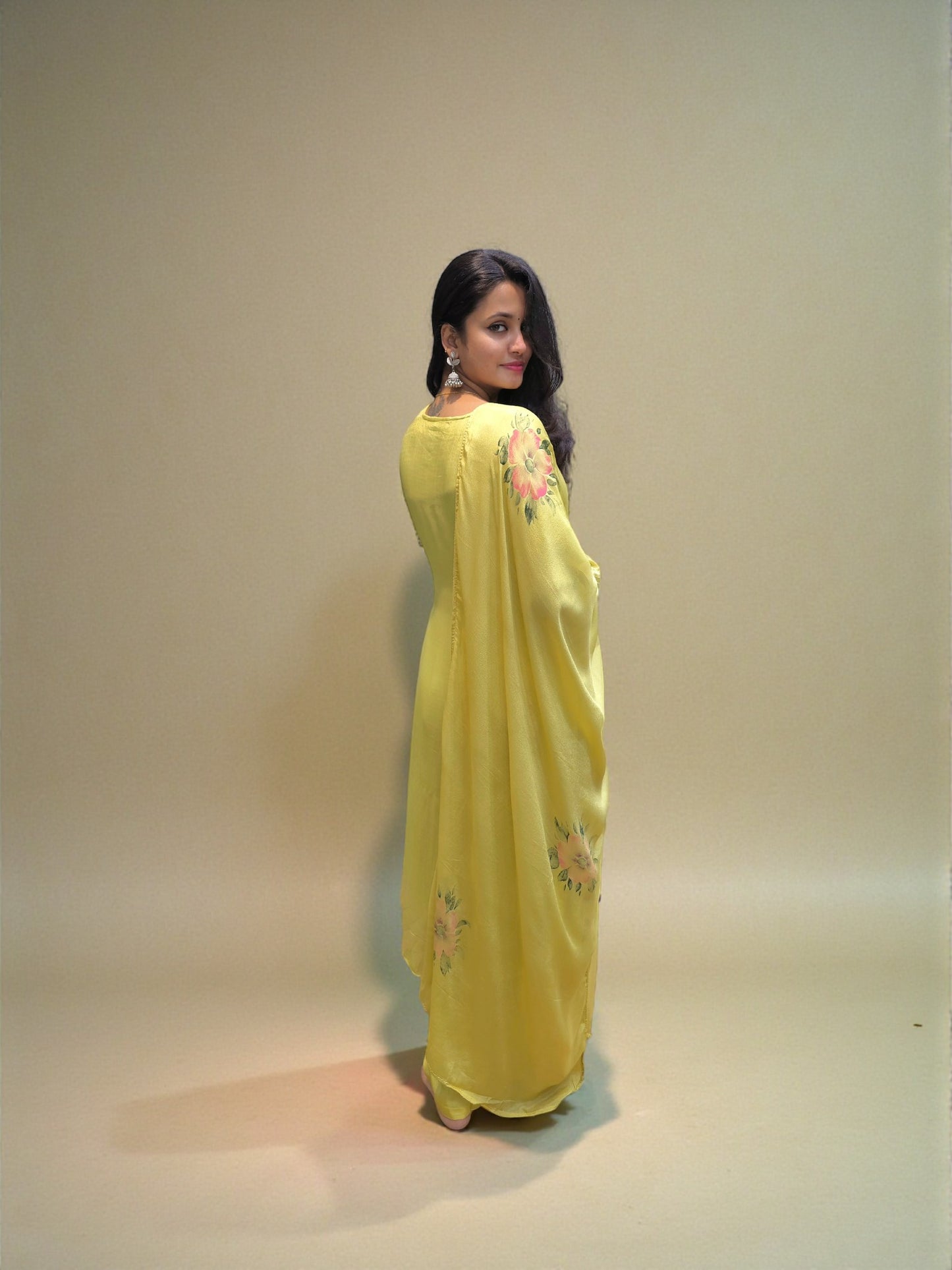 backview of Summer festive pure chinnon A-line kurta set with soft flowy fabric