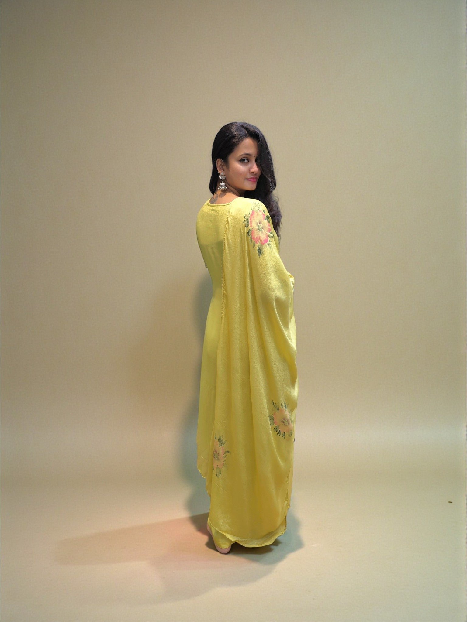 backview of Summer festive pure chinnon A-line kurta set with soft flowy fabric