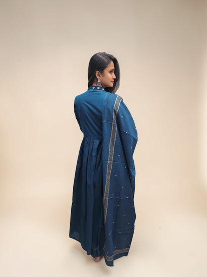 back view of Traditional blue Anarkali kurta set with embroidery and dupatta