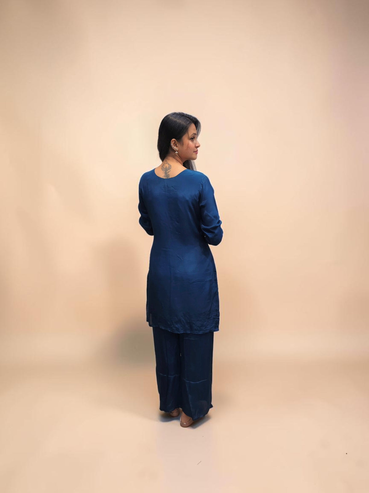 back view of Elegant navy blue handwork kurta pant co ord set
