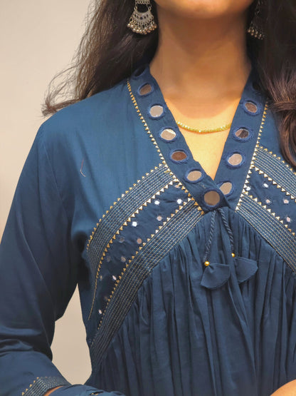 close-up view of Stylish cotton Anarkali kurta set with mirror detailing
