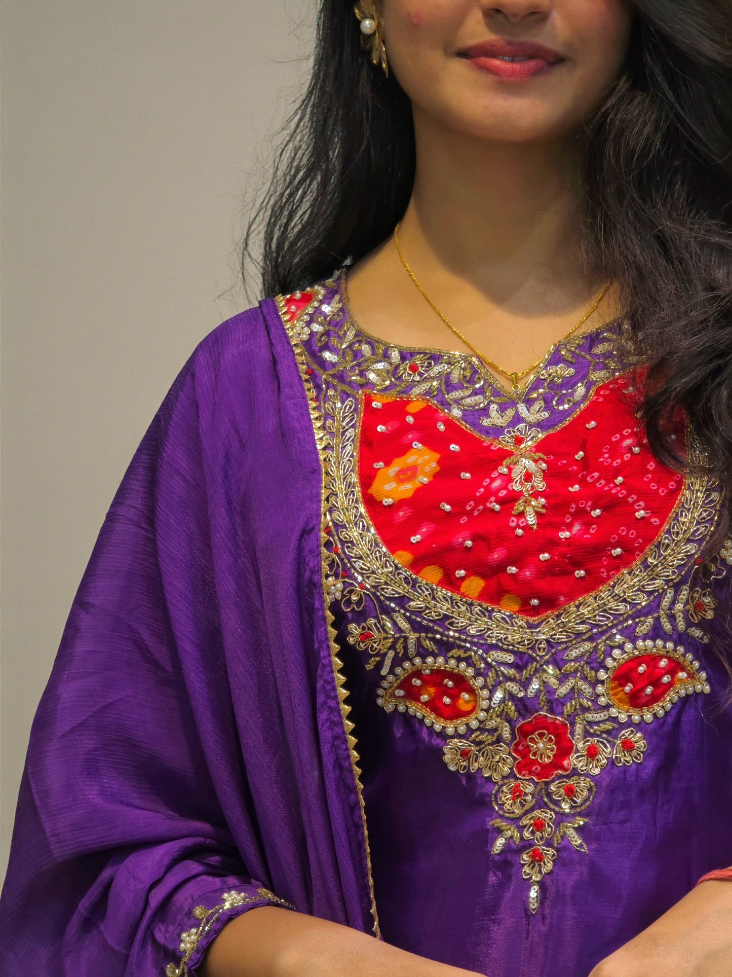 close up of Ethnic Purple Hand Embroidered Kurta Palazzo