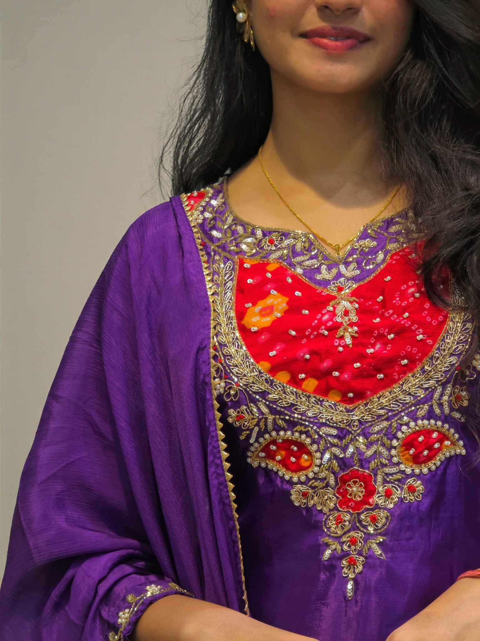 close up of Ethnic Purple Hand Embroidered Kurta Palazzo