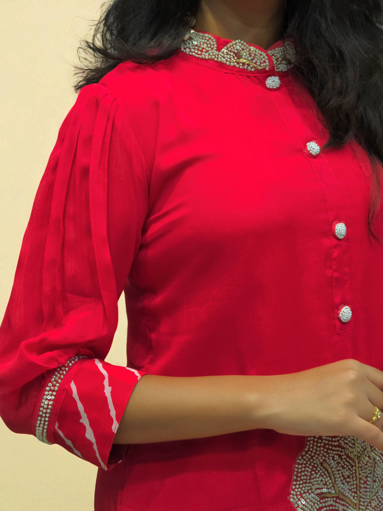 close up of Stylish red leheriya print co-ord set for women – traditional yet modern festive wear from Ambika Boutique