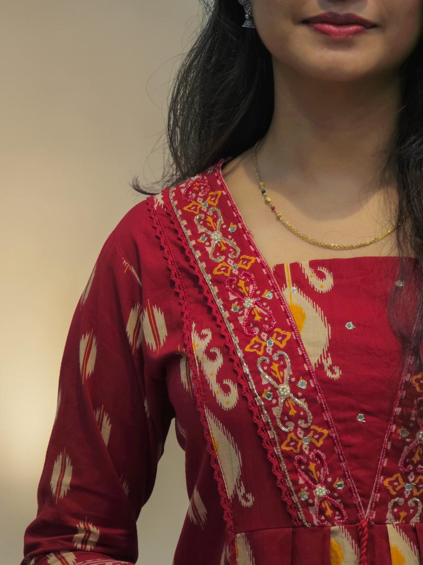 Traditional printed embroidered cotton kurta set with dupatta