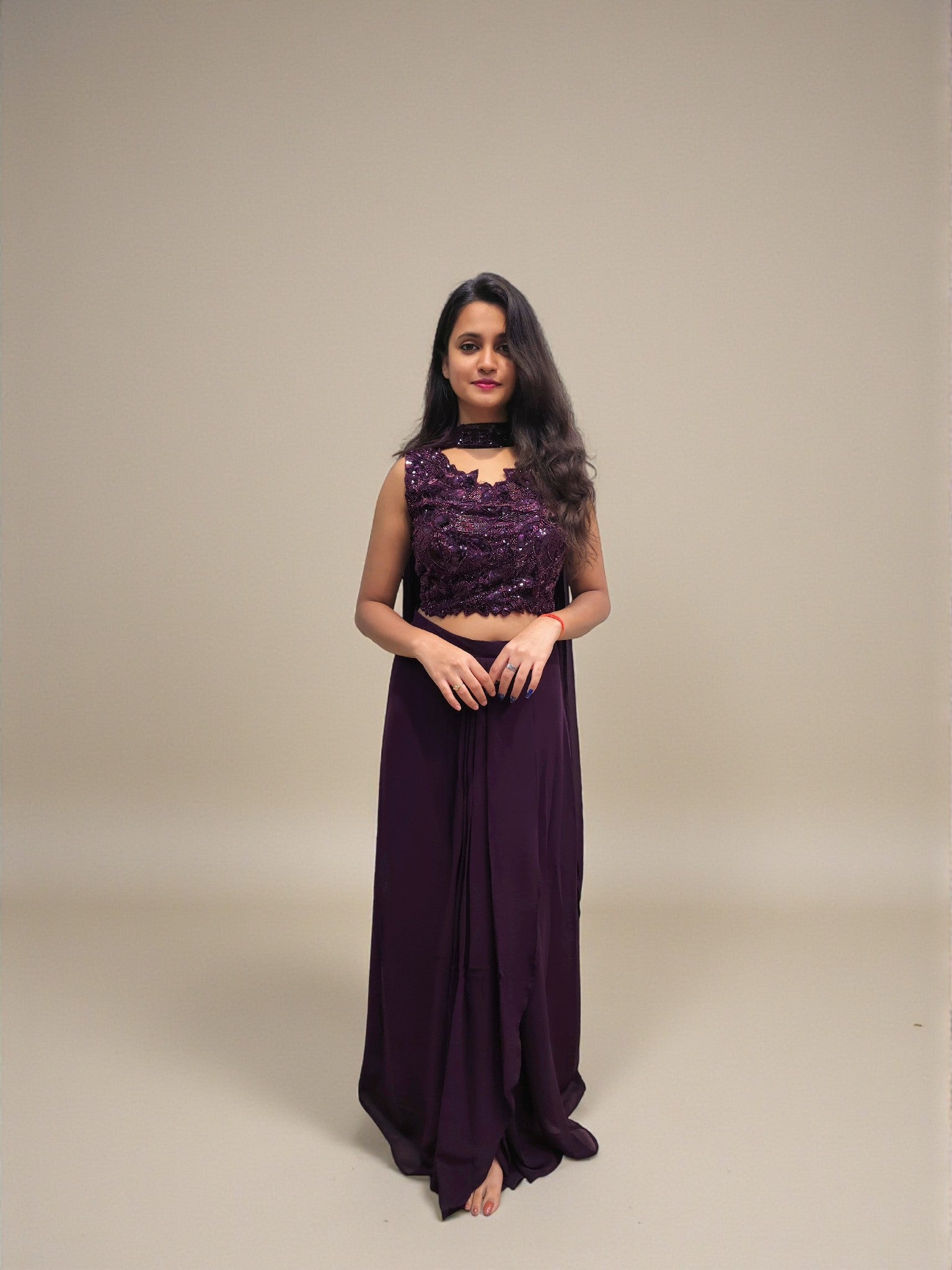 Designer heavy handwork crop top dhoti skirt with choker dupatta