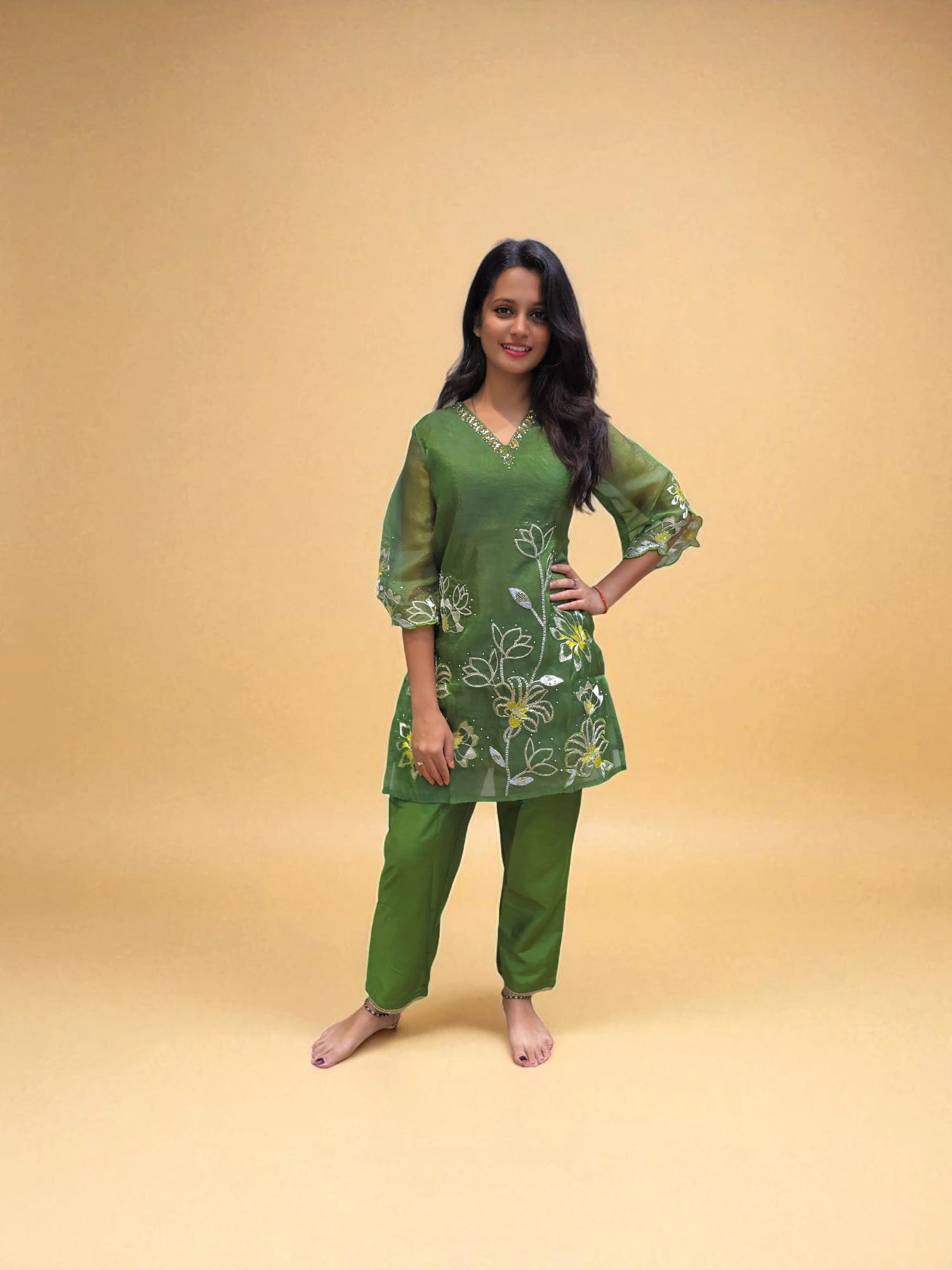 Designer green co-ord set for festive occasions – Ambika Boutique
