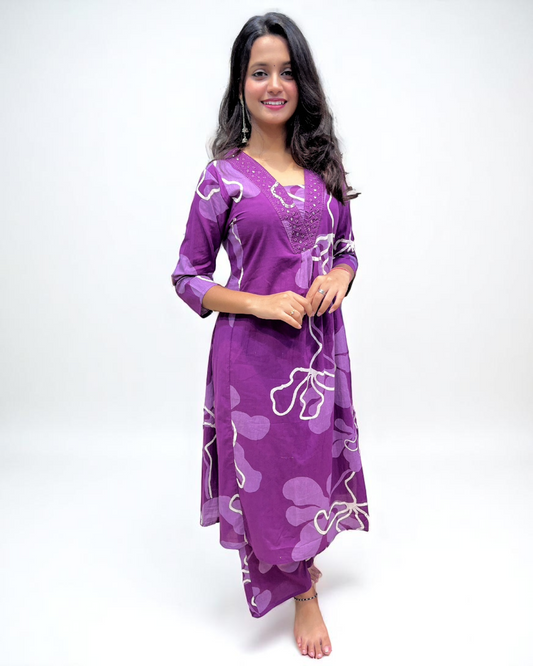Cotton Kurta Plazzo - Purple