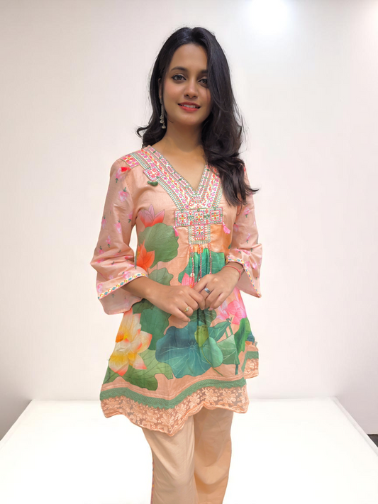 Printed Mul-Mul Cotton Co-ord Set - Peach