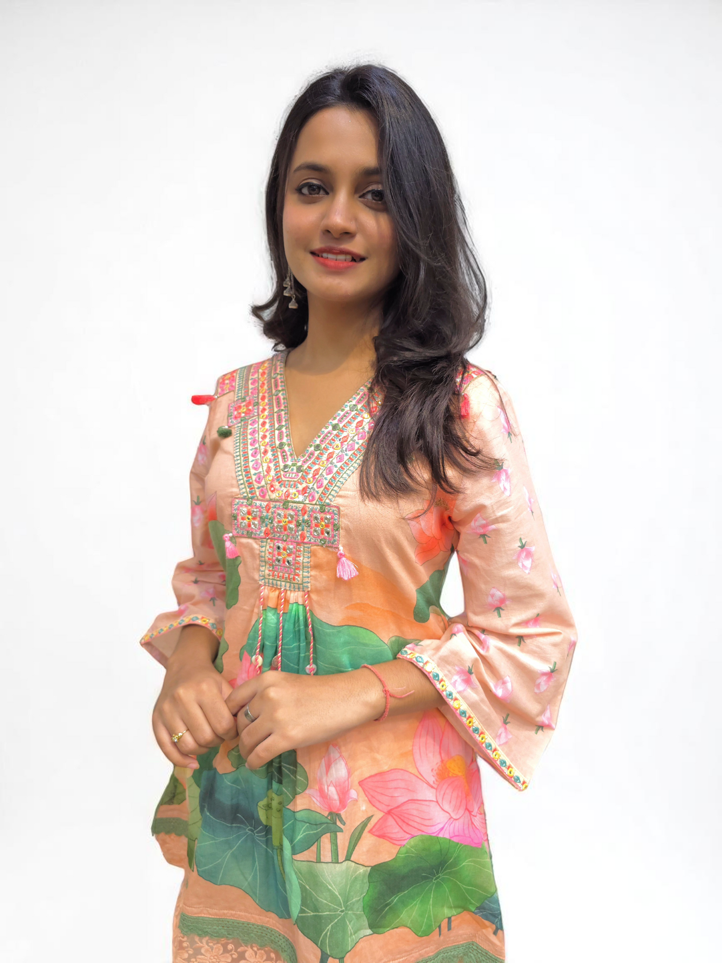 Printed Mul-Mul Cotton Co-ord Set - Peach