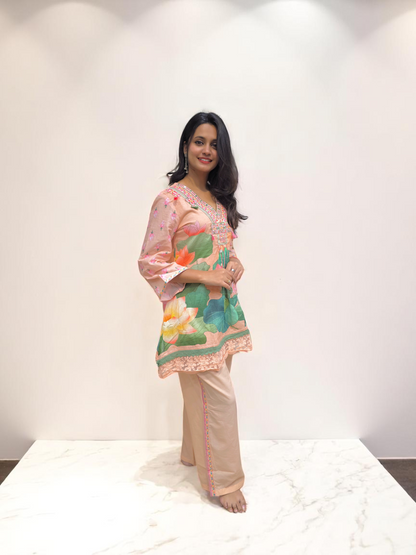 Printed Mul-Mul Cotton Co-ord Set - Peach