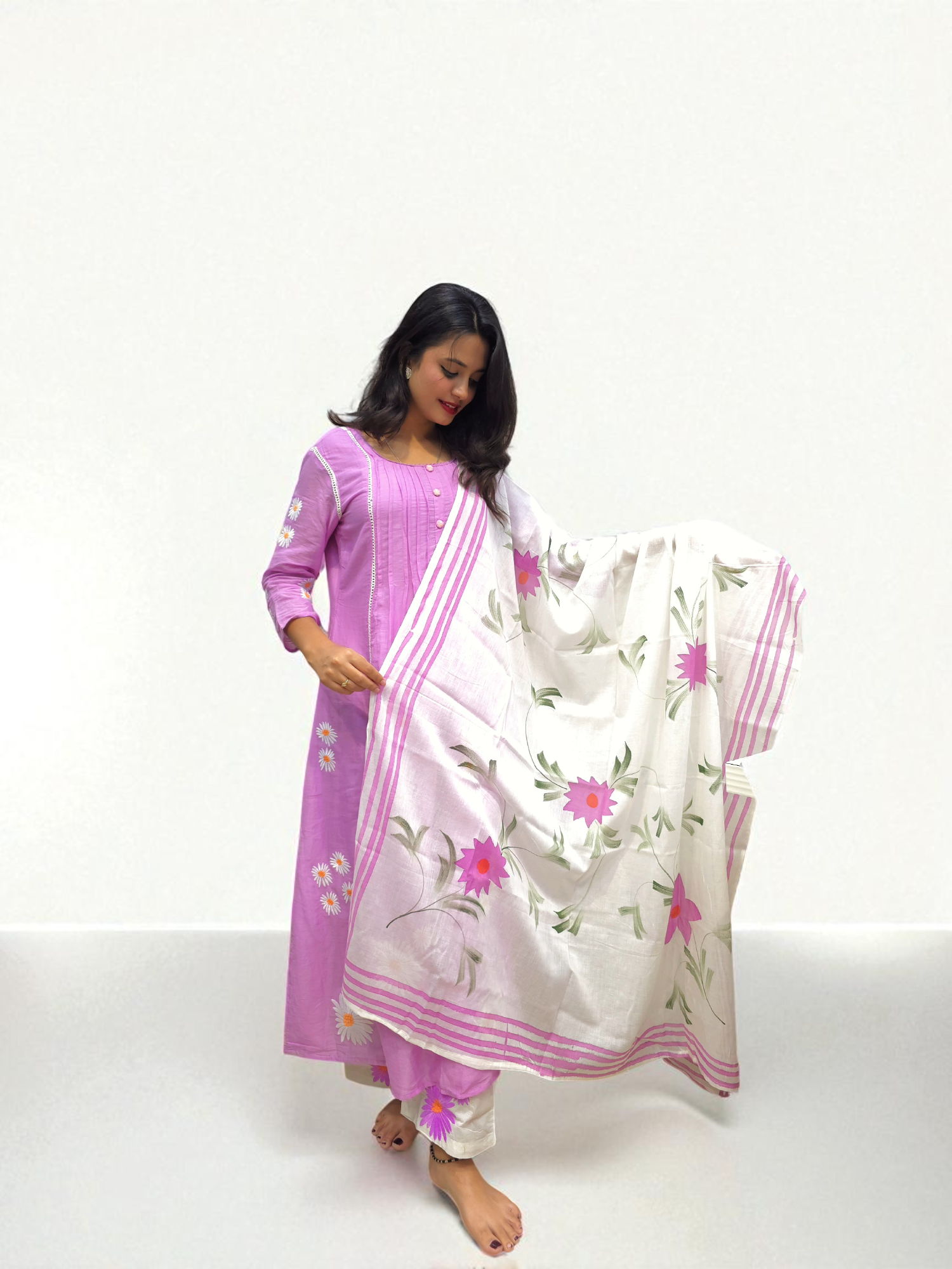 front view of Mul-mul cotton kurta set for women with embroidered details and floral printed dupatta – perfect for daily ethnic wear