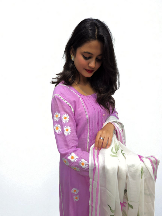 Soft mul-mul cotton kurti set in lavender with floral embroidery – summer ethnic outfit for women by Ambika Boutique