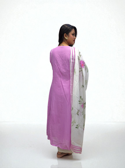 Back View of Mul-mul cotton kurta set for women with embroidered details and floral printed dupatta – perfect for daily ethnic wear