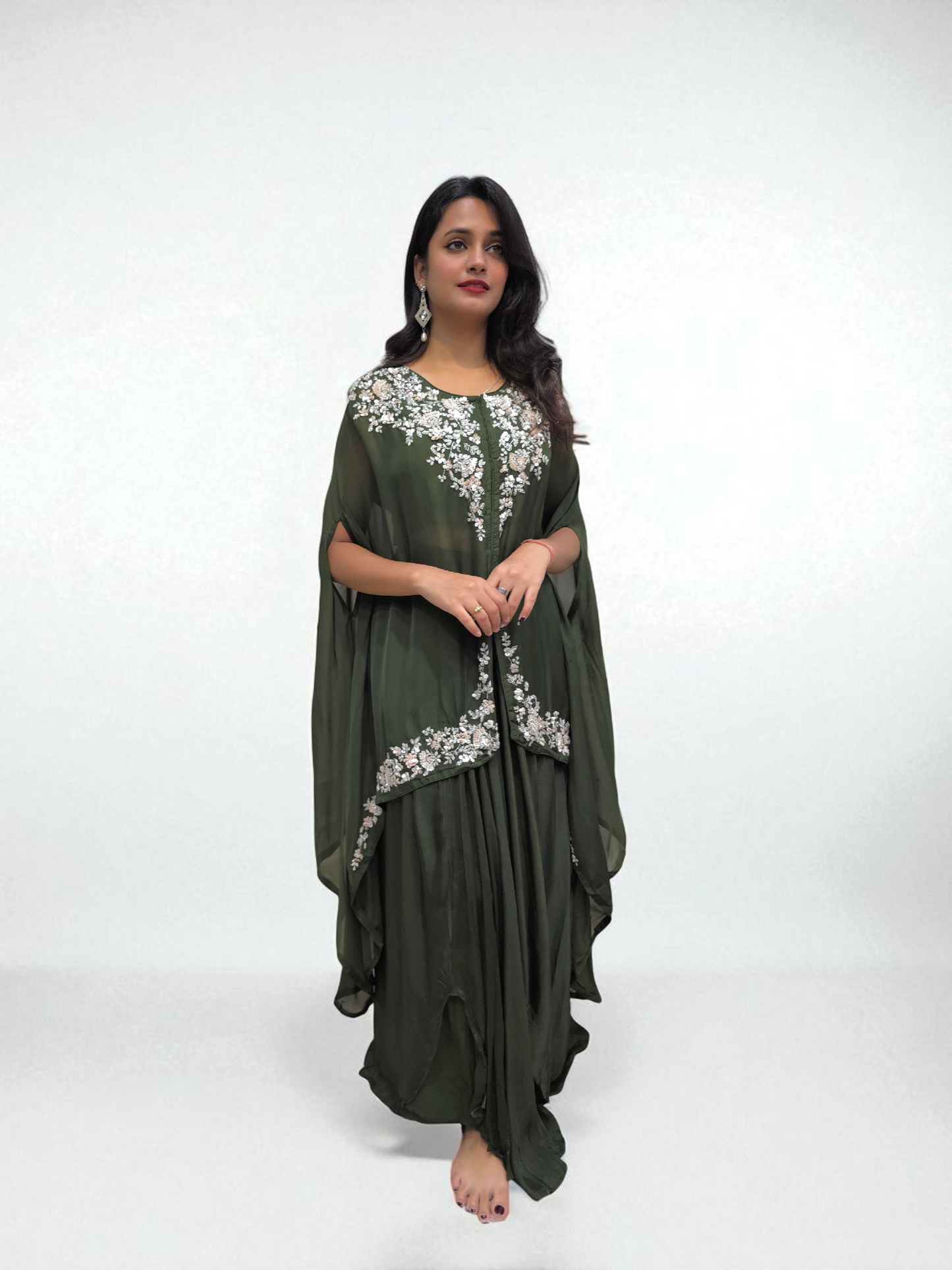 Embroidered Crop Top with Dhoti Skirt and Shrug – Elegant Ethnic Wear for Parties | Ambika Boutique