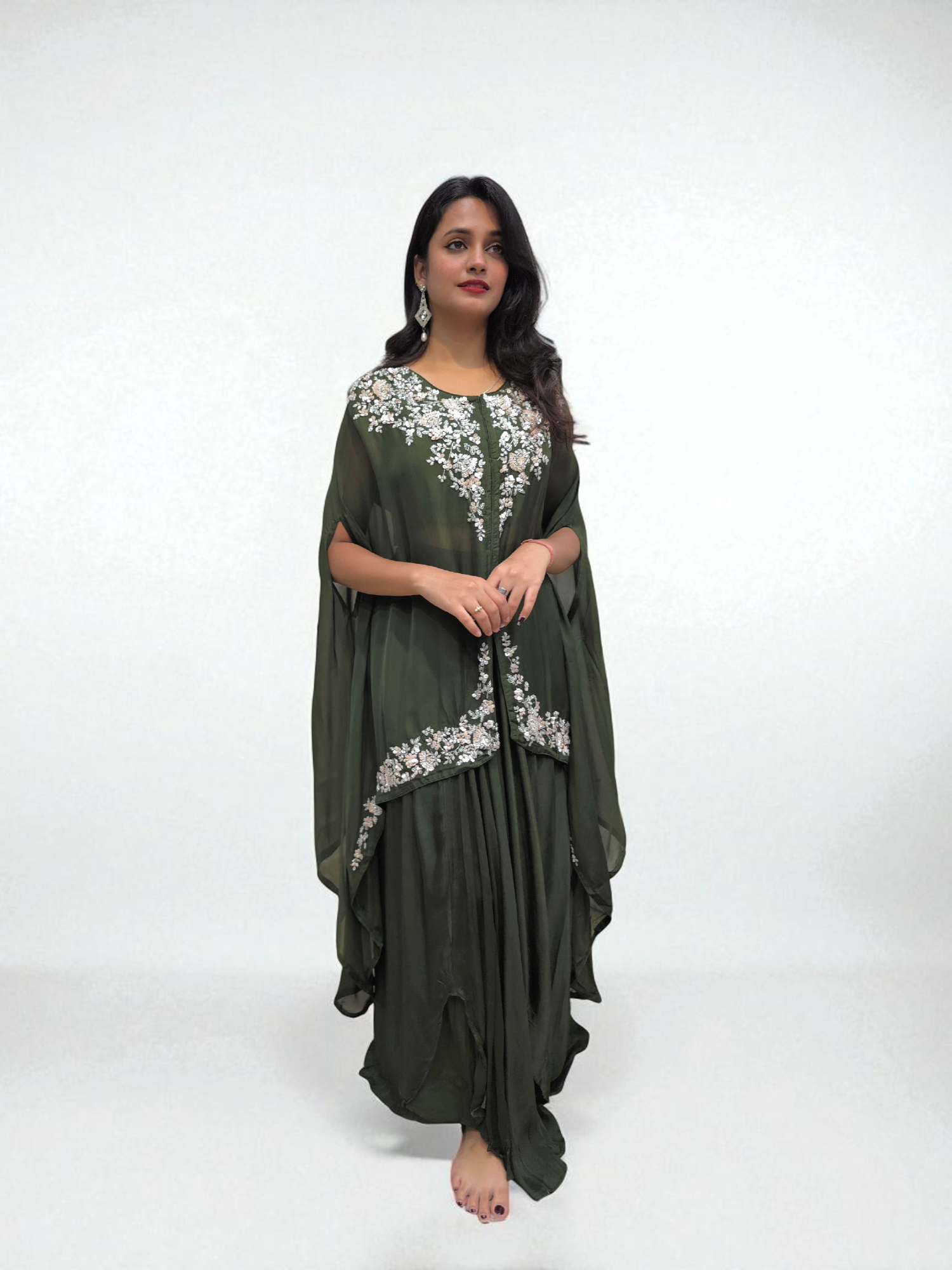 Embroidered Crop Top with Dhoti Skirt and Shrug – Elegant Ethnic Wear for Parties | Ambika Boutique