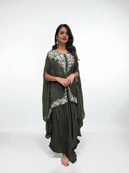 Embroidered Crop Top with Dhoti Skirt and Shrug – Elegant Ethnic Wear for Parties | Ambika Boutique