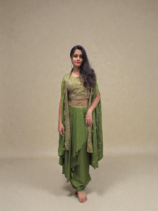 Designer Crop Top Dhoti Skirt with Shrug | Indo- Western