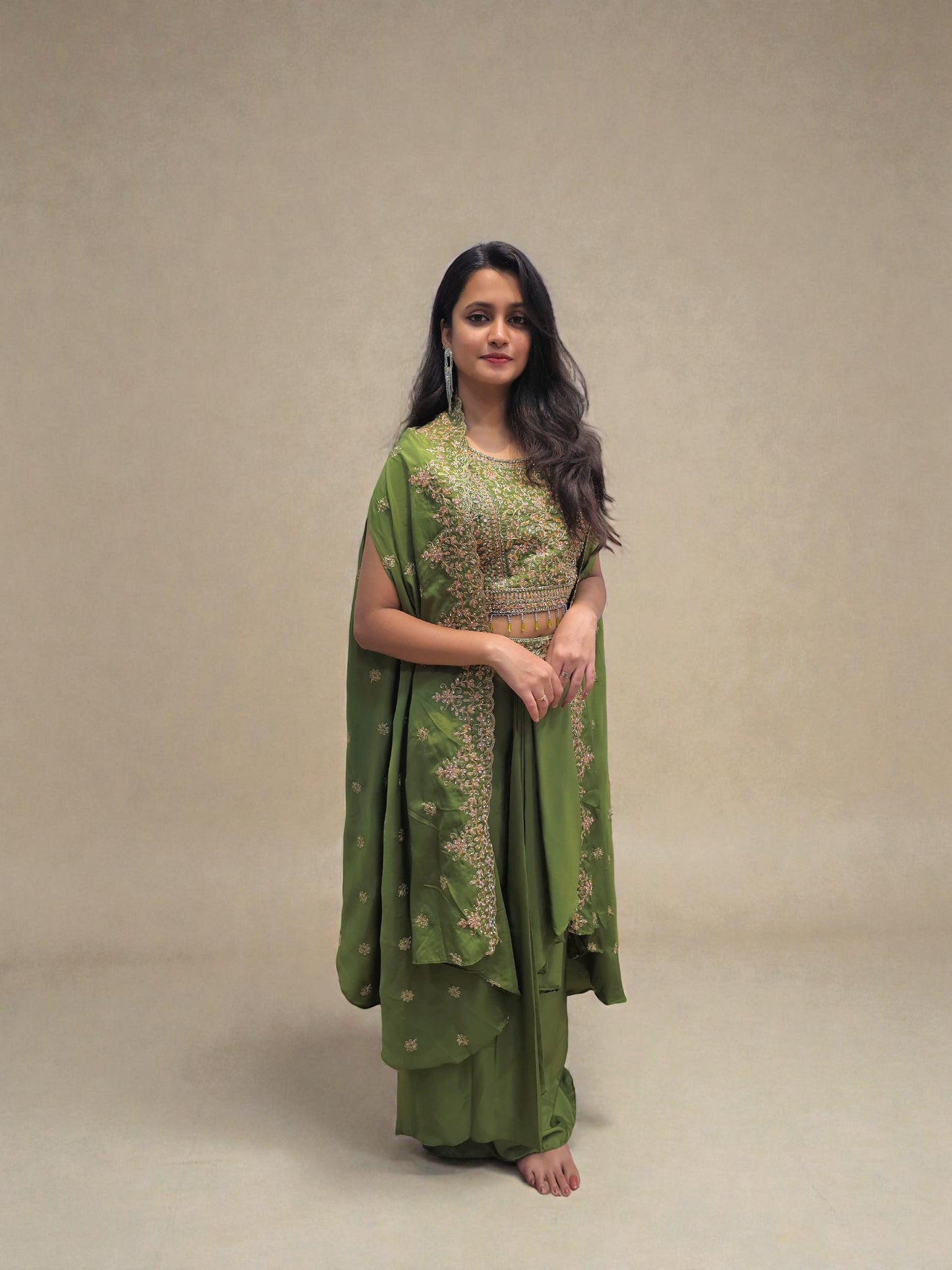 Designer Crop Top Dhoti Skirt with Shrug | Indo- Western