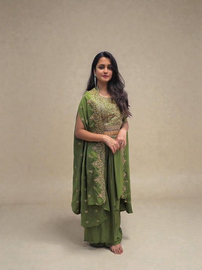 Designer Crop Top Dhoti Skirt with Shrug | Indo- Western