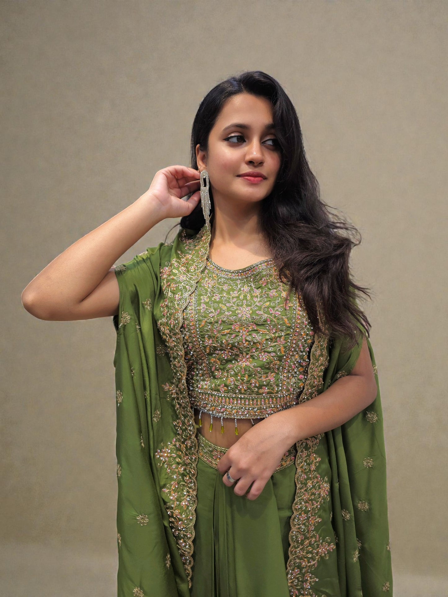 Designer Crop Top Dhoti Skirt with Shrug | Indo- Western