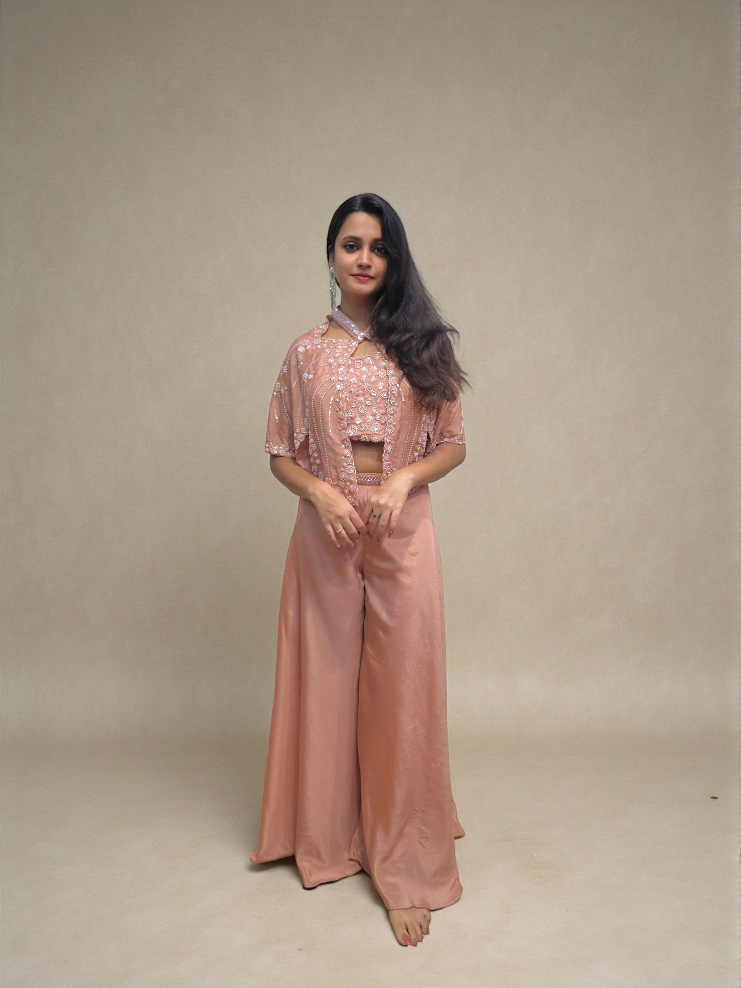 Handwork Crop Top Palazzo with Short Shrug