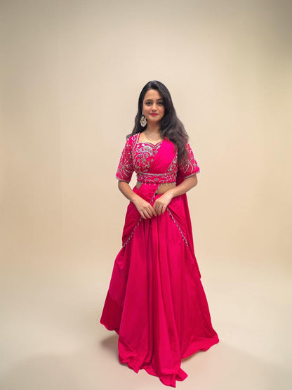 Hot Pink Crop Top Drape Skirt