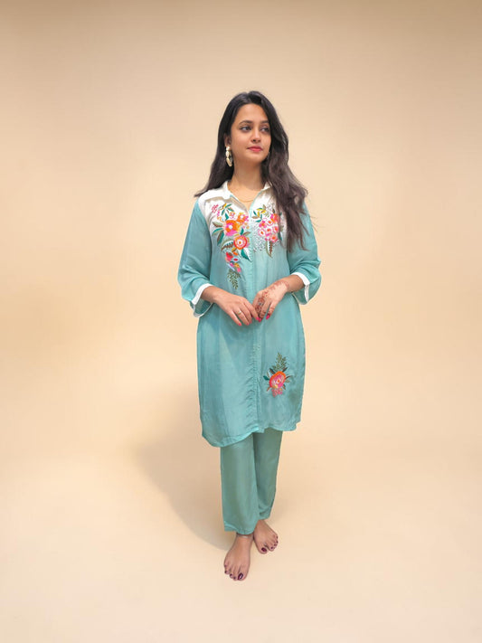 Elegant Ombre Floral Embroidered Co-ord Set