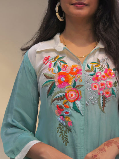 Elegant Ombre Floral Embroidered Co-ord Set